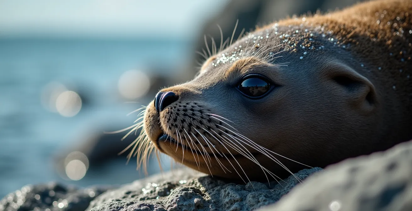 Gros plan sur un phoque commun se reposant sur un rocher avec texture détaillée de sa fourrure