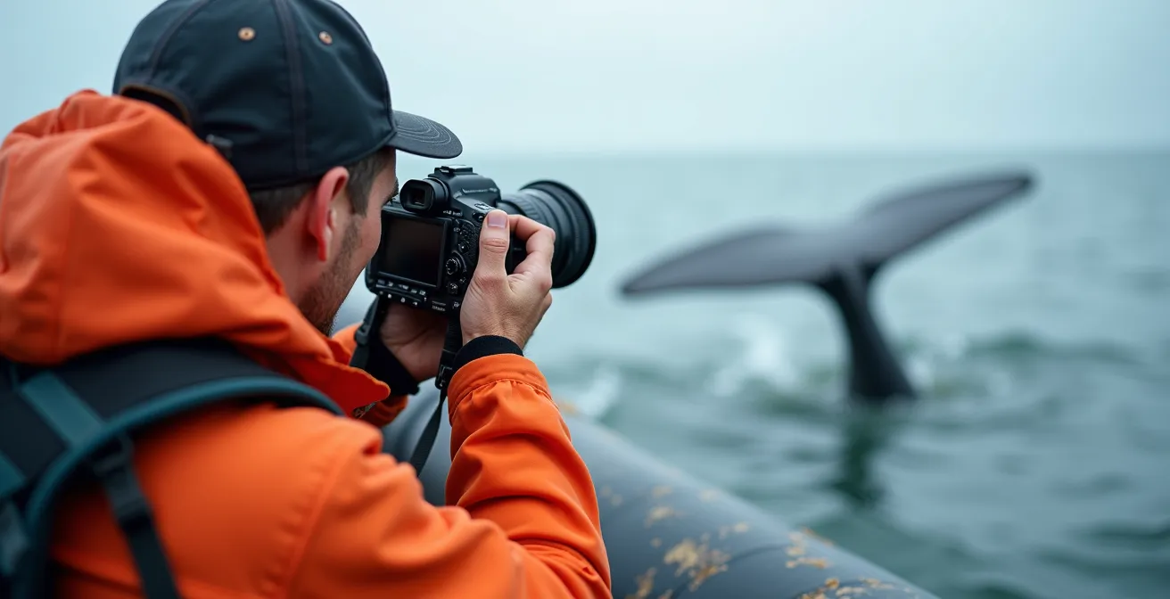 Photographe professionnel sur un zodiac capturant un rorqual à bosse au large de Tadoussac