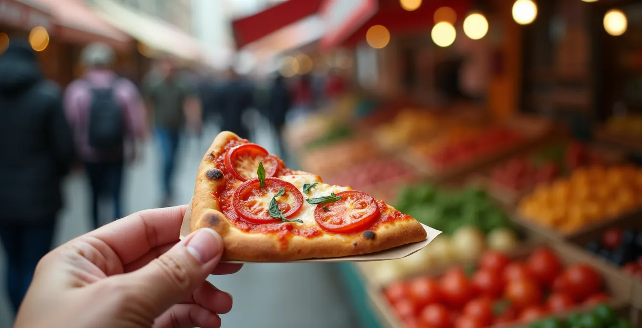 Tranche de pizza aux tomates froide tenue à la main dans l'ambiance du marché