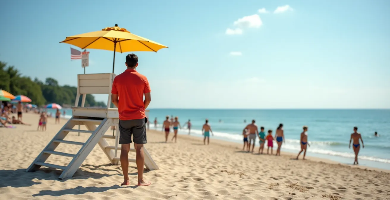 Plage de sable avec sauveteurs et baigneurs dans les eaux calmes du Saint-Laurent