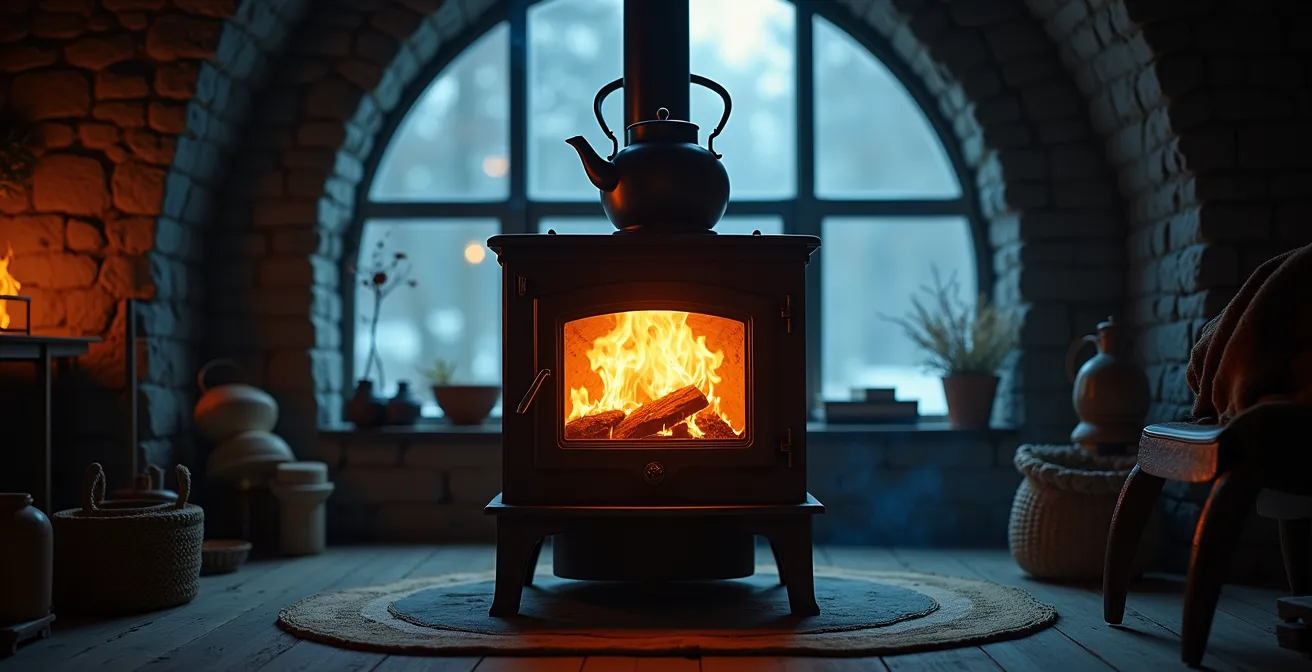Poêle à bois allumé créant une ambiance chaleureuse dans un hébergement insolite