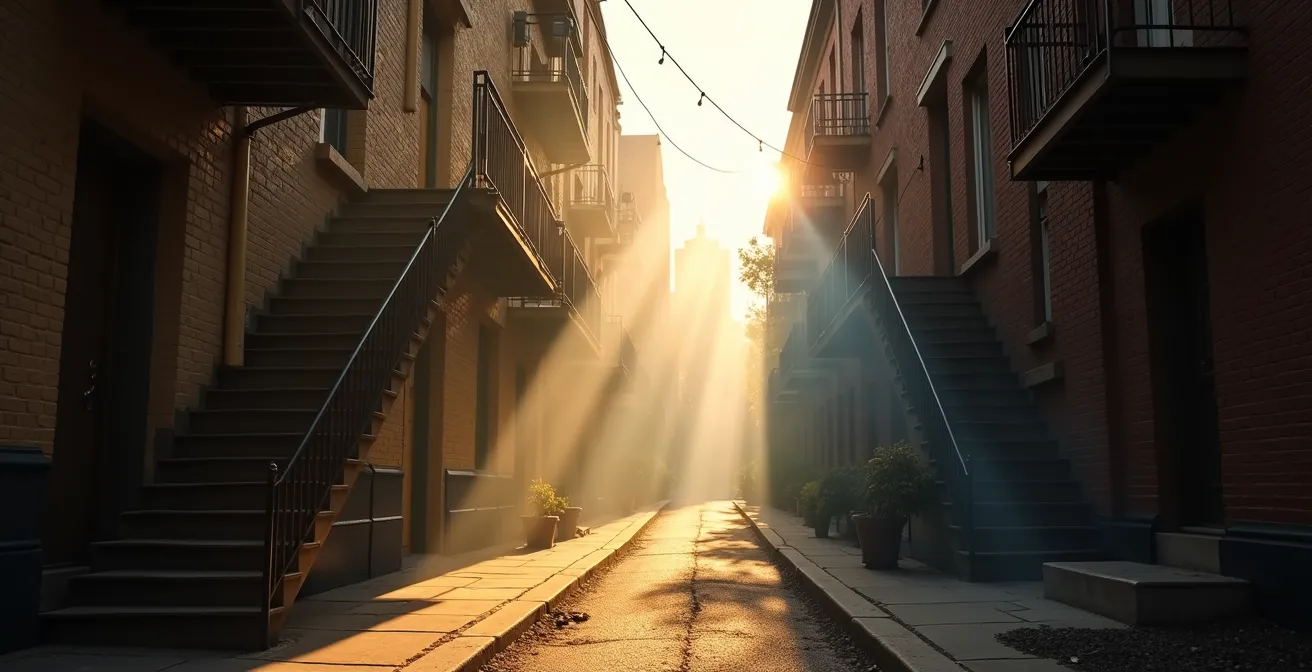 Scène urbaine du Plateau avec fumée de charbon de bois s'échappant des ruelles