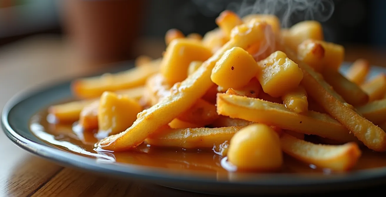 Gros plan sur une poutine artisanale avec fromage en grains frais et sauce maison