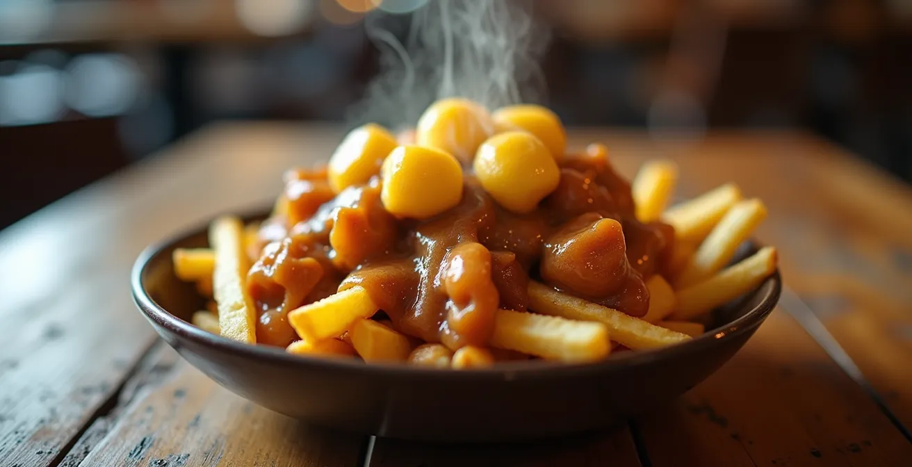 Gros plan macro sur une poutine artisanale avec fromage en grains frais et sauce brune fumante