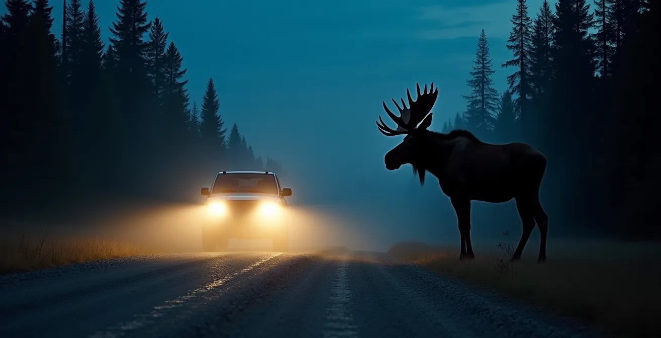 Route forestière au crépuscule avec silhouette d'orignal en bordure et phares de véhicule illuminant le gravier