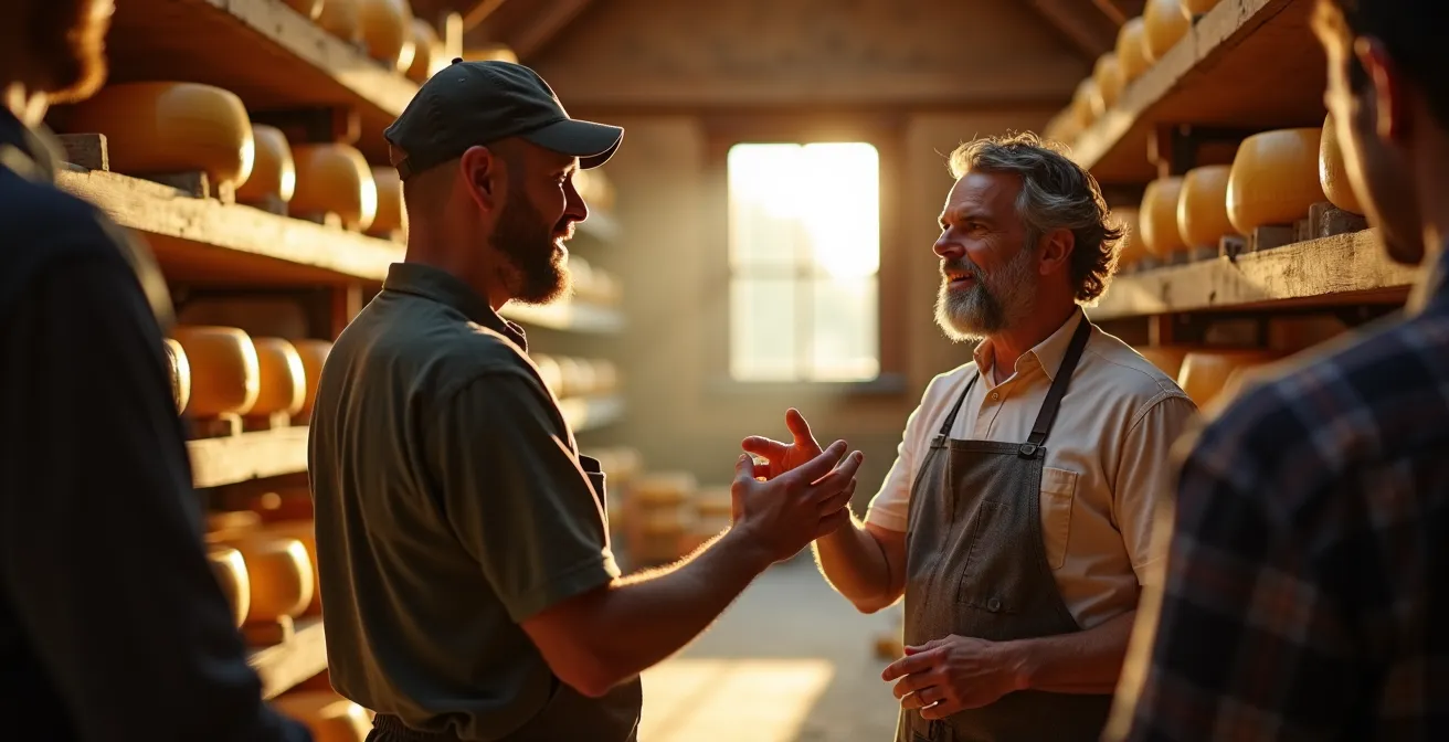 Producteur fromager en conversation avec des visiteurs tôt le matin dans sa ferme de Charlevoix