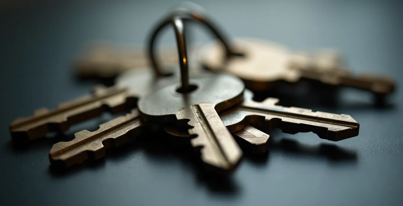 Vue macro détaillée de clés d'appartement avec arrière-plan flou de Montréal