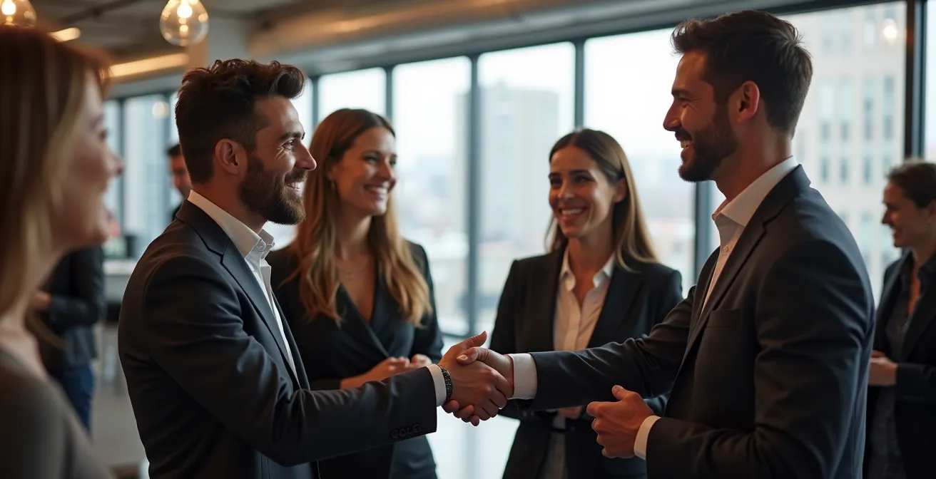 Groupe de professionnels échangeant lors d'un événement de réseautage dans un espace moderne à Montréal