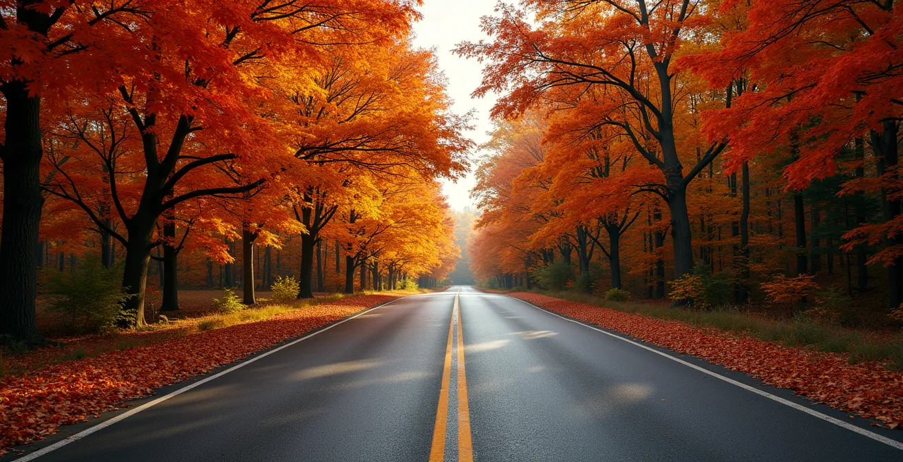 Route traversant un tunnel naturel d'érables aux couleurs automnales éclatantes