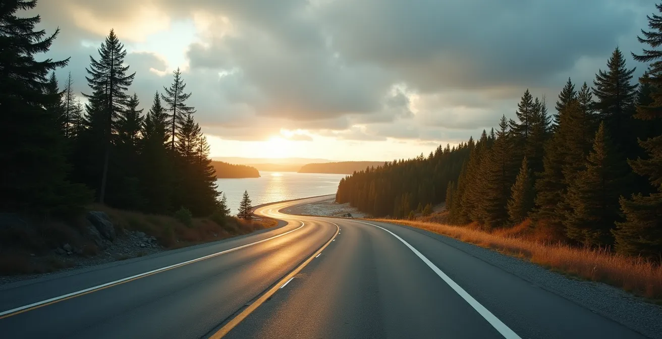 Vue panoramique de la route 138 longeant le fleuve Saint-Laurent avec forêt boréale