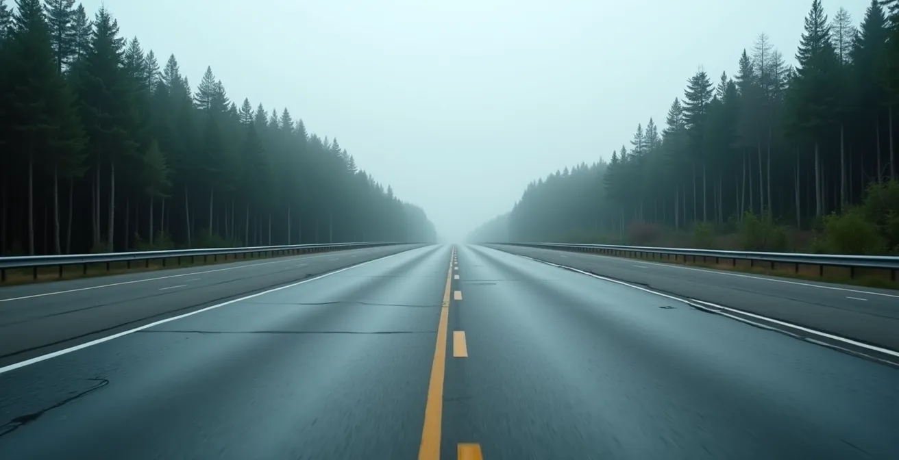 Route droite s'étendant à l'infini dans le Parc de La Vérendrye au Québec