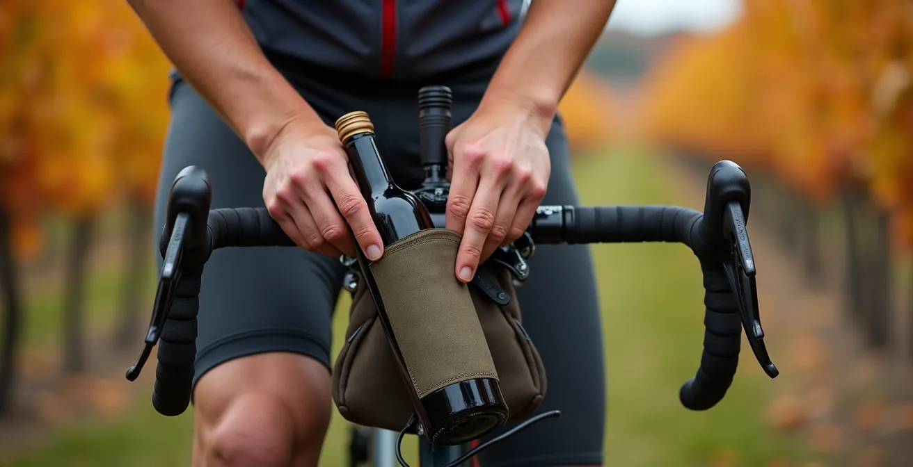 Vélo équipé de sacoches latérales spécialement aménagées pour le transport de bouteilles
