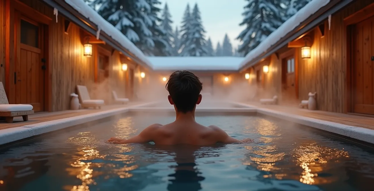 Bains extérieurs fumants d'un spa nordique québécois en hiver avec forêt enneigée
