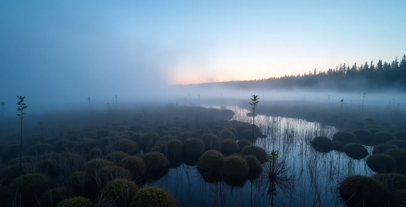 Vue panoramique d'une tourbière de la Côte-Nord dans la brume matinale avec végétation boréale