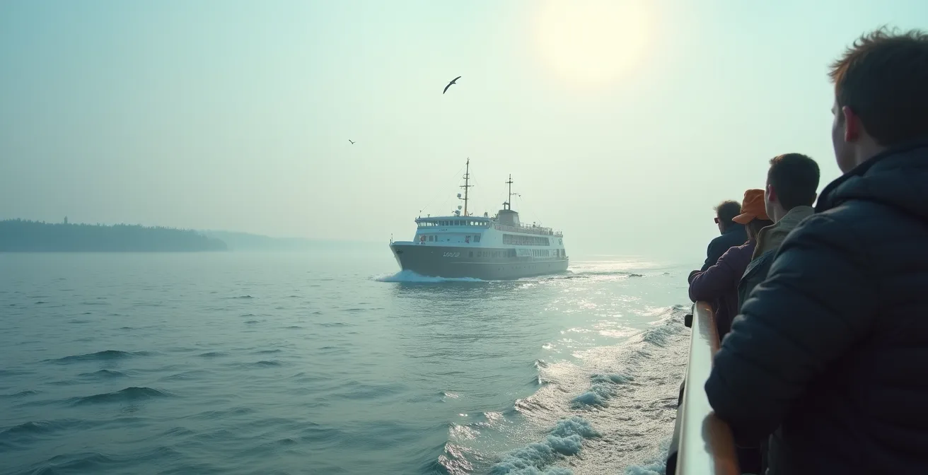Traversier naviguant sur le fleuve Saint-Laurent dans la brume matinale avec la côte québécoise en arrière-plan