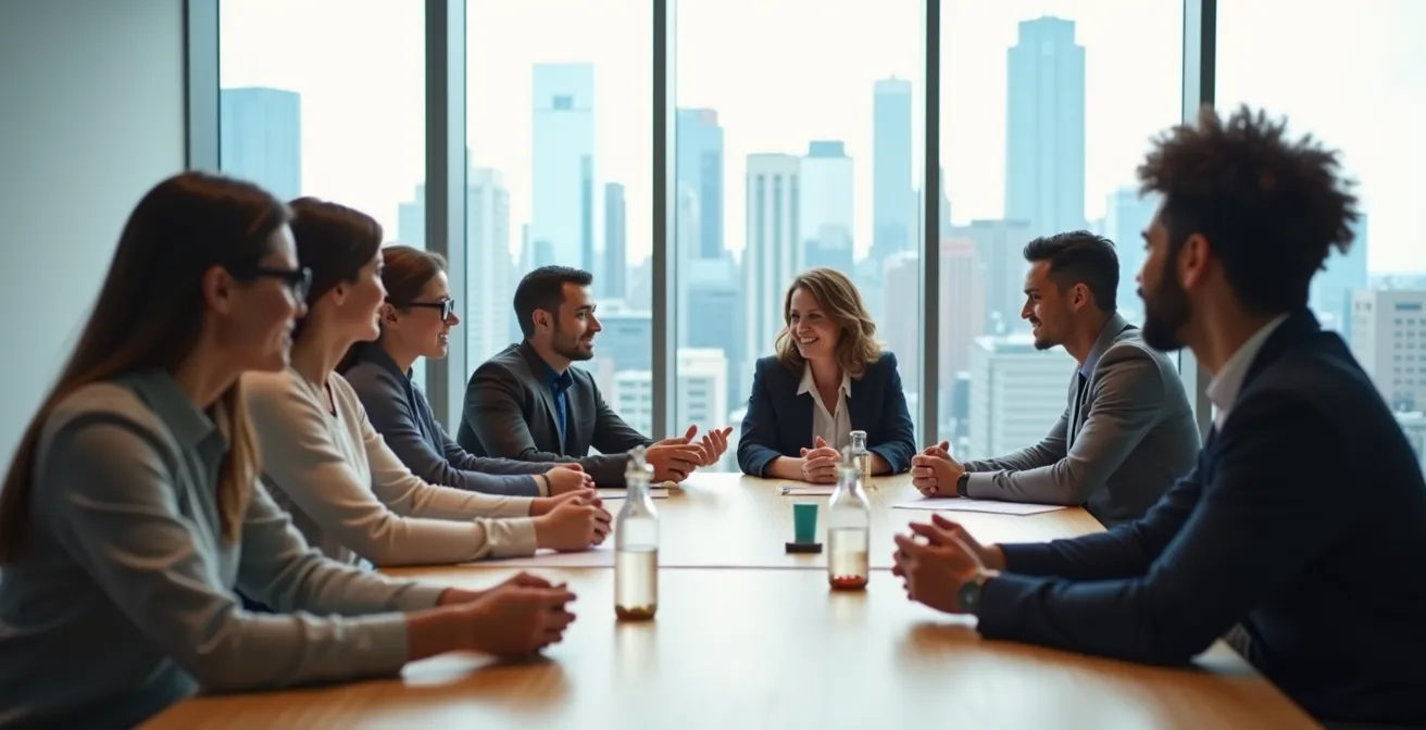 Équipe de travail québécoise en réunion décontractée autour d'une table