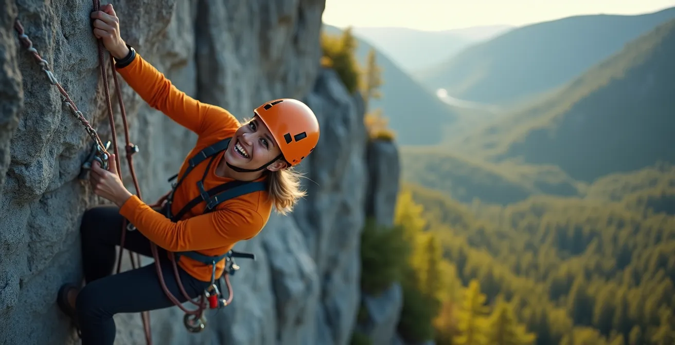 Grimpeur sur une paroi rocheuse équipée en via ferrata surplombant un paysage forestier québécois