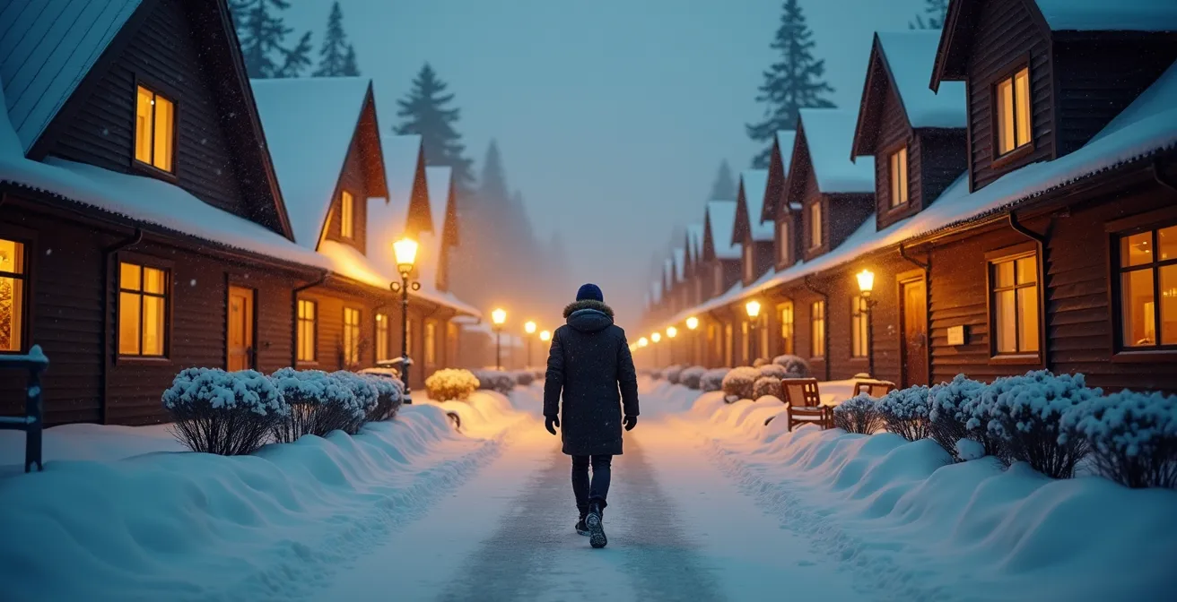 Scène nocturne d'un village-relais québécois éclairé sous la neige avec voyageur solitaire marchant vers l'entrée chaleureuse