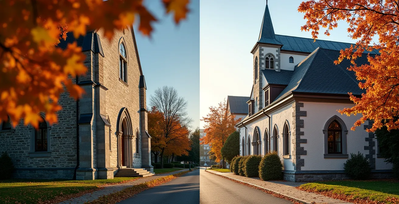 Église patrimoniale en pierre avec clocher dominant un village historique québécois