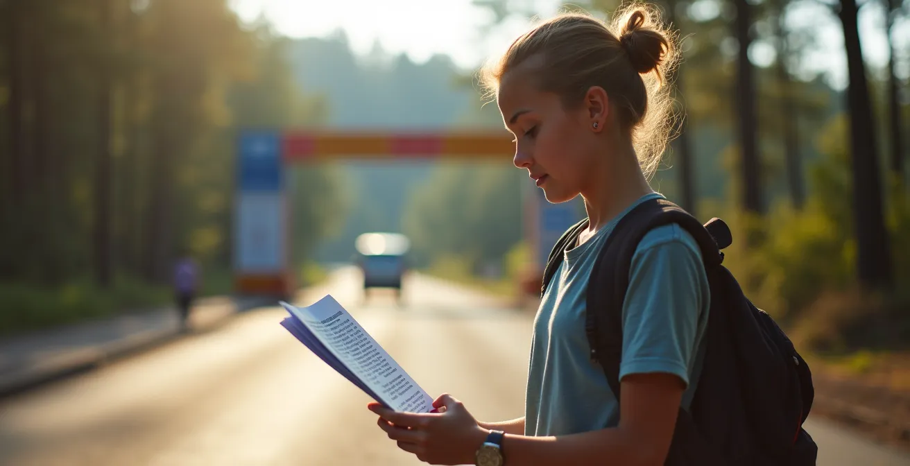Jeune voyageur consultant une checklist devant un poste frontalier terrestre entre USA et Canada