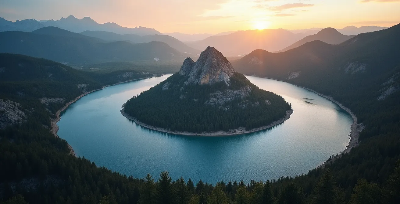 Vue aérienne du mont des Éboulements montrant le pic central de rebond au coeur du cratère