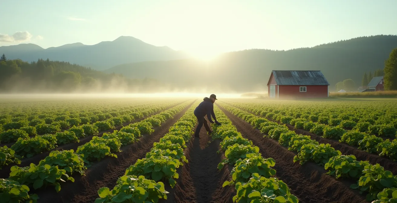 Volontaire travaillant dans une ferme biologique québécoise avec vue sur les champs