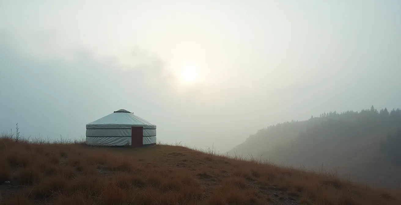 Yourte solitaire dans les collines brumeuses de l'Estrie en automne