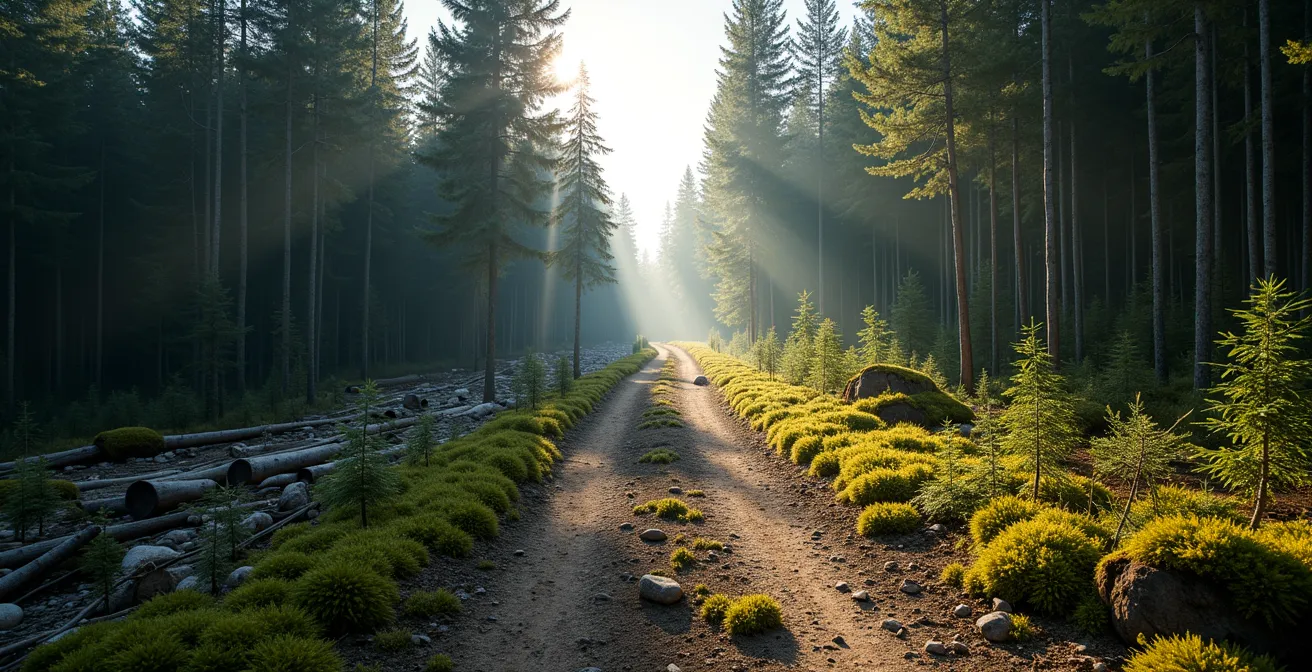 Forêt boréale dense du Québec avec sentier isolé sans infrastructure